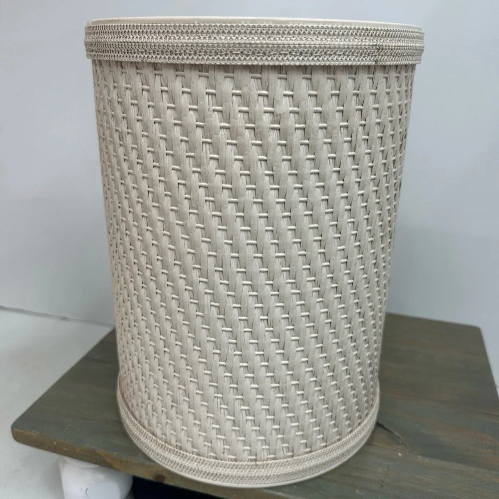 Vintage Woven Wicker & Plastic Wastebasket Trash Can White Cottagecore Beach